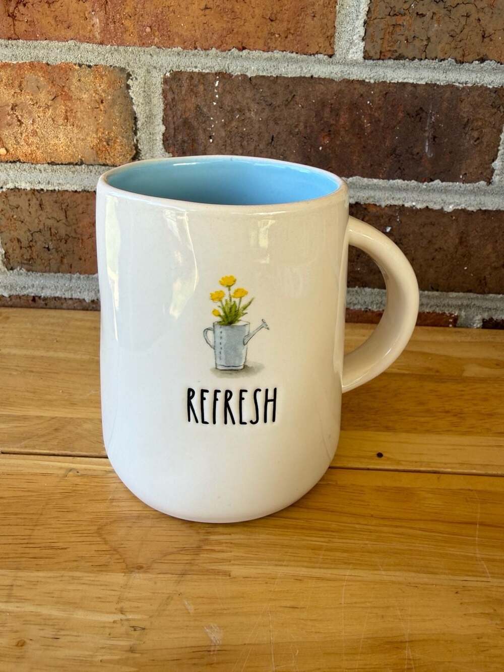 Rae Dunn Refresh Watering Can Coffee Mug Blue Interior